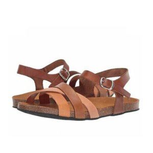 NEW Eric Michael Women Erin Tan Combo Crisscross Sandal Cork Buckle Ankle Strap